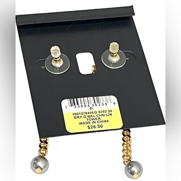 NEW INC Gray Ball TOWER EARRINGS Gold Link Chain 2.5” Dangle Drop Posts On Card! - Picture 2 of 4